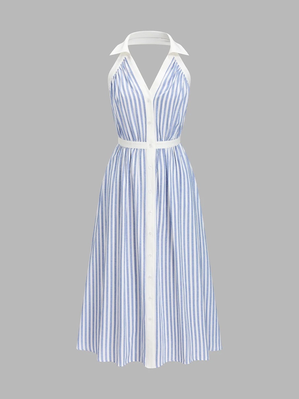 Striped Cotton Blend Collared Halter Midi Dress - Picture 3 of 6